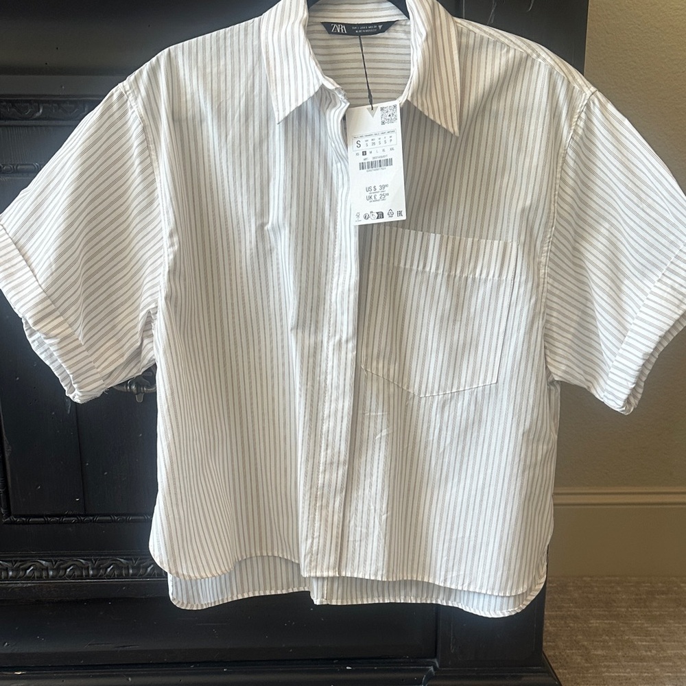 NWT Zara Women's Casual Striped Shirt - Cream and khaki